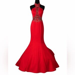 🔥 Red Mermaid Halter Gown w/ Beaded Bodice – Pageant, Prom, Formal, Size M